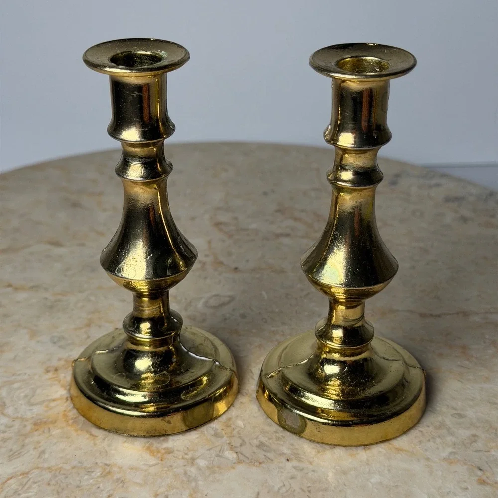 Vintage Made in England Brass Candlestick Set 4 Inch Gold Baluster Taper Holders